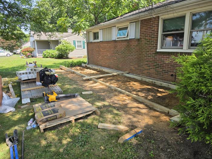 Cut station and staged materials with the deck perimeter squared up — Richland, PA